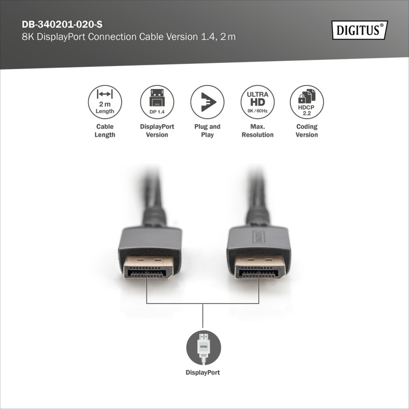 Digitus | 8K DisplayPort savienošanas kabelis Versija 1.4 | DB-340201-020-S | DisplayPort uz DisplayPort