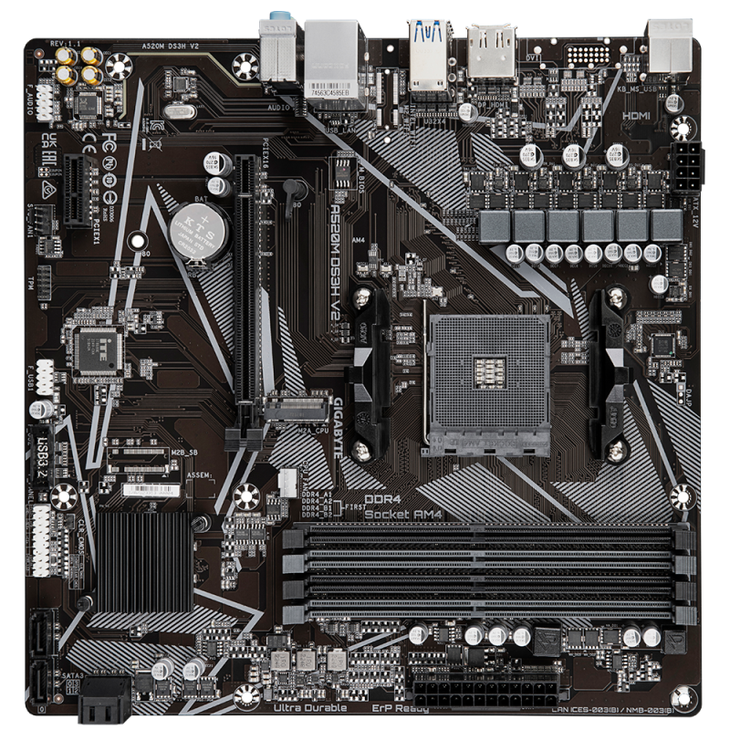 Gigabyte | A520M DS3H V2 | Procesoru sērija AMD | Procesora ligzda AM4 | DDR4 DIMM | Atmiņas sloti 2 | Atbalstītie cietā diska interfeisi SATA, M.2 | SATA savienotāji 4 | Mikrotxapatafaktors Micro ATX | Mikročips AMD A520