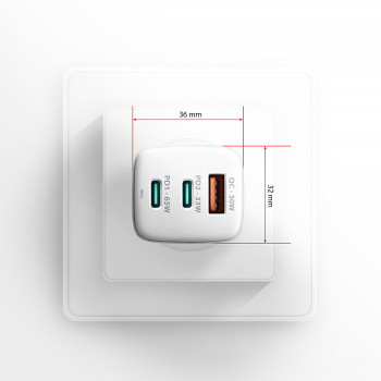 AXAGON GaN sienas lādētājs 3x ports (USB-A + 2x USB-C), PD3.0/PPS/QC4+/SFC2.0/AFC/SCP/FCP/Apple, 65W | ACU-DPQ65W