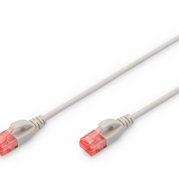 CAT 6 U-UTP Slim komunikācijas kabelis | Patch cord | Caurspīdīgs sarkans savienotājs vieglai 6. kategorijas (250 MHz) identifikācijai. Iekšējie vadītāji: vara (Cu) | Pelēks | 2 m | Moduālais RJ45 (8/8) spraudnis