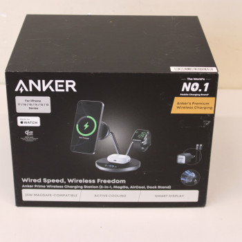 IZPĀRDOŠANA. Anker Prime bezvadu uzlādes stacija Qi2.2 25W bezvadu uzlāde (3-in-1, MagGo, AirCool, Dock Stand) PSU pievienots, Melna | Anker Prime bezvadu uzlādes stacija Qi2.2 25W bezvadu uzlāde (3-in-1, MagGo, AirCool, Dock Stand) PSU pievienots | ATVĒRTA, TRAUKS NEPILNS, TRŪKST UZLĪMES