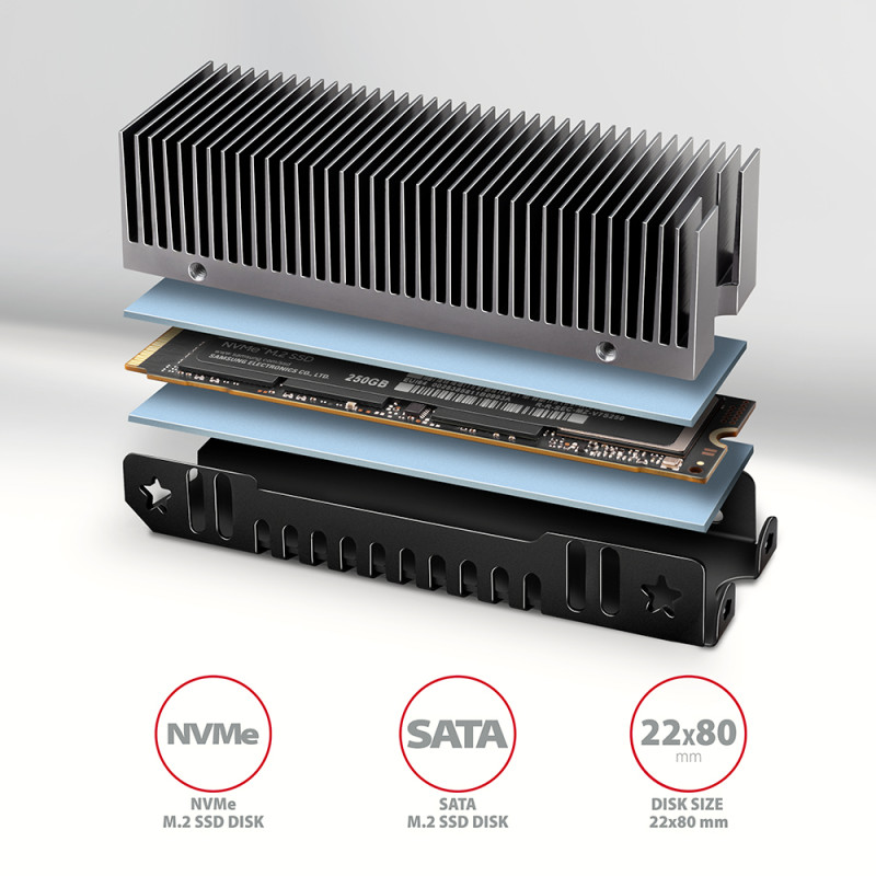 AXAGON alumīnija pasīvais dzesētājs vienpusējām un abu pusju M.2 SSD 2280, augstums 24 mm | CLR-M2XT
