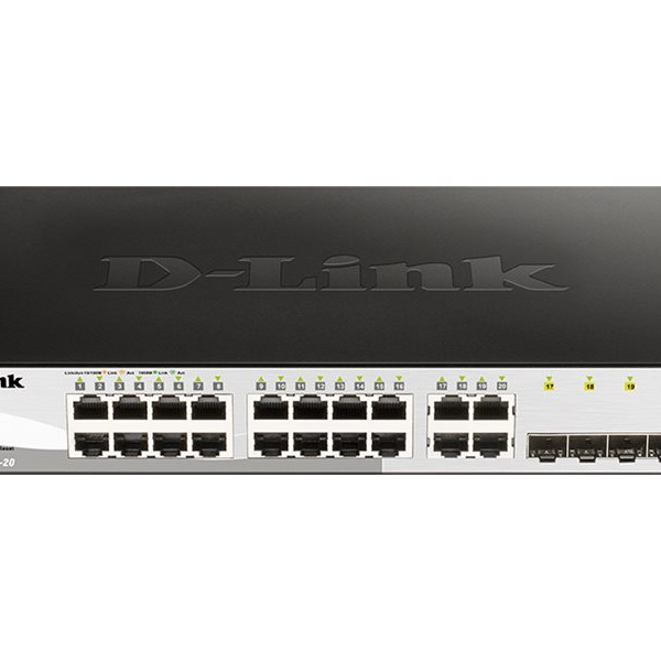D-LINK DGS-1210-20, Gigabit Smart slēdzis ar 16 10/100/1000Base-T portiem un 4 Gigabit MiniGBIC (SFP) portiem, 802.3x Flow Control, 802.3ad Link Aggregation, 802.1Q VLAN, 802.1p Priority Queues, Port mirroring, Jumbo Frame atbalsts, 802.1D STP, ACL, LLDP, Cable Diagnostics, Auto Surveillance VLAN, Auto Voice VLAN, | D-Link | Managed L2 | Desktop | 24 month(s)