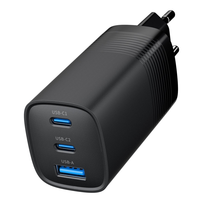 Cablexpert 3-portu 65 W GaN USB PowerDelivery ātrā lādētāja | TA-UC-PDQC65-01-BK