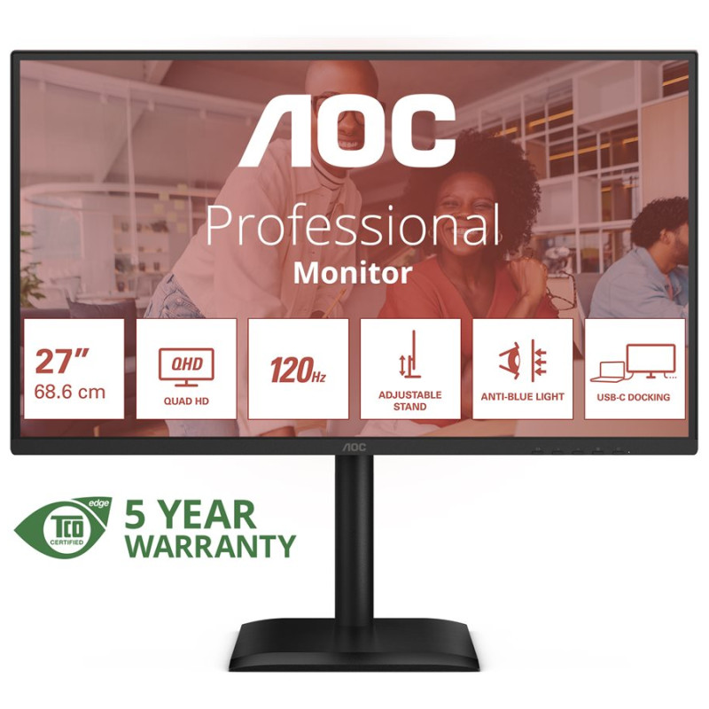 AOC | Q27E4CV | 27 " | IPS | QHD | 16:9 | 120 Hz | 4 ms | 2560 x 1440 pixels | 350 cd/m² | HDMI ports quantity 1 | Black