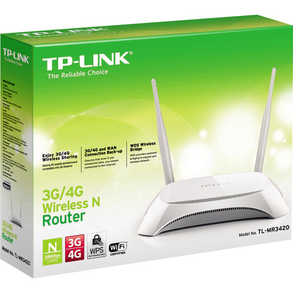 TP-LINK | 3G/4G maršrutētājs | TL-MR3420 | 802.11n | 300 Mbit/s | 10/100 Mbit/s | Ethernet LAN (RJ-45) porti 4 | Mesh atbalsts Nē | MU-MIMO Nē | 3G/4G caur izvēles USB adapteri | Antenas tips 2x ārējā | 1x USB 2.0