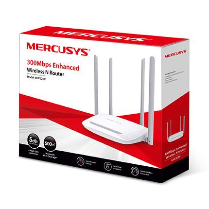 Mercusys | Uzlabots Wireless N maršrutētājs | MW325R | 802.11n | 300 Mbit/s | 10/100 Mbit/s | Ethernet LAN (RJ-45) porti 3 | Mesh atbalsts Nav | MU-MIMO Nav | Nav mobilo datu | Antenas tips 4xStacionāras | Nav