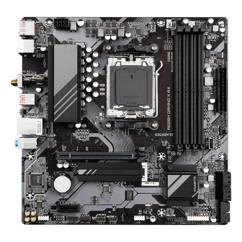 Gigabyte | A620M GAMING X AX 1.0 M/B | Processor family AMD | Processor socket AM5 | DDR5 DIMM | Memory slots 4 | Supported hard disk drive interfaces SATA, M.2 | Number of SATA connectors 4 | Chipset AMD A620 | Micro ATX