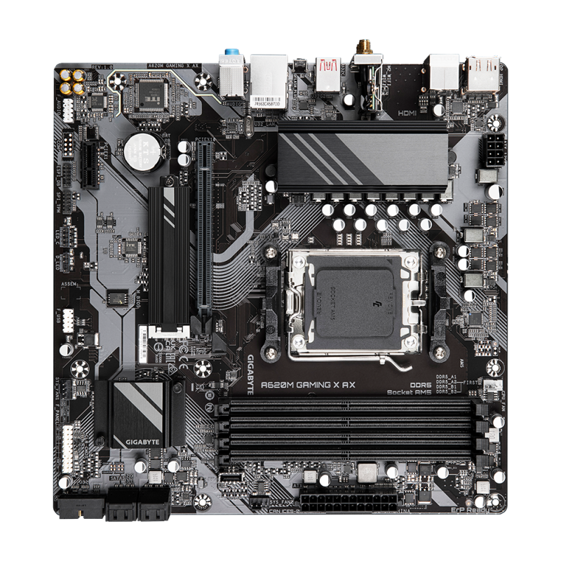 Gigabyte | A620M GAMING X AX 1.0 M/B | Processor family AMD | Processor socket AM5 | DDR5 DIMM | Memory slots 4 | Supported hard disk drive interfaces SATA, M.2 | Number of SATA connectors 4 | Chipset AMD A620 | Micro ATX