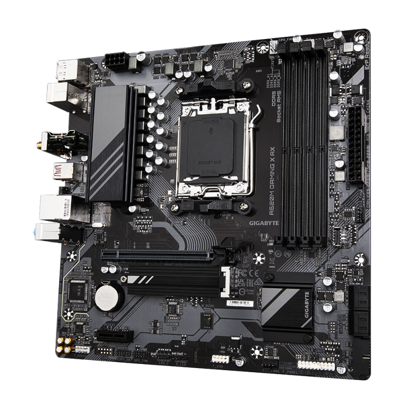 Gigabyte | A620M GAMING X AX 1.0 M/B | Processor family AMD | Processor socket AM5 | DDR5 DIMM | Memory slots 4 | Supported hard disk drive interfaces SATA, M.2 | Number of SATA connectors 4 | Chipset AMD A620 | Micro ATX