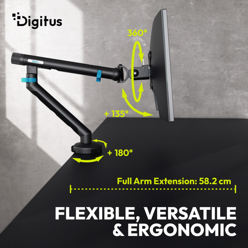 Digitus Galda stiprinājums | Noliekšana, rotācija, pagriešanās | Viena monitora statīvs | 35" | Maksimālā slodze 10 kg | Melns